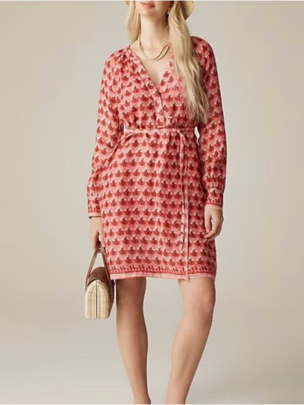 J.CREW Cabana Mini Block Print Ramie Pink Floral Wrap V-Neck Dress Women’s M